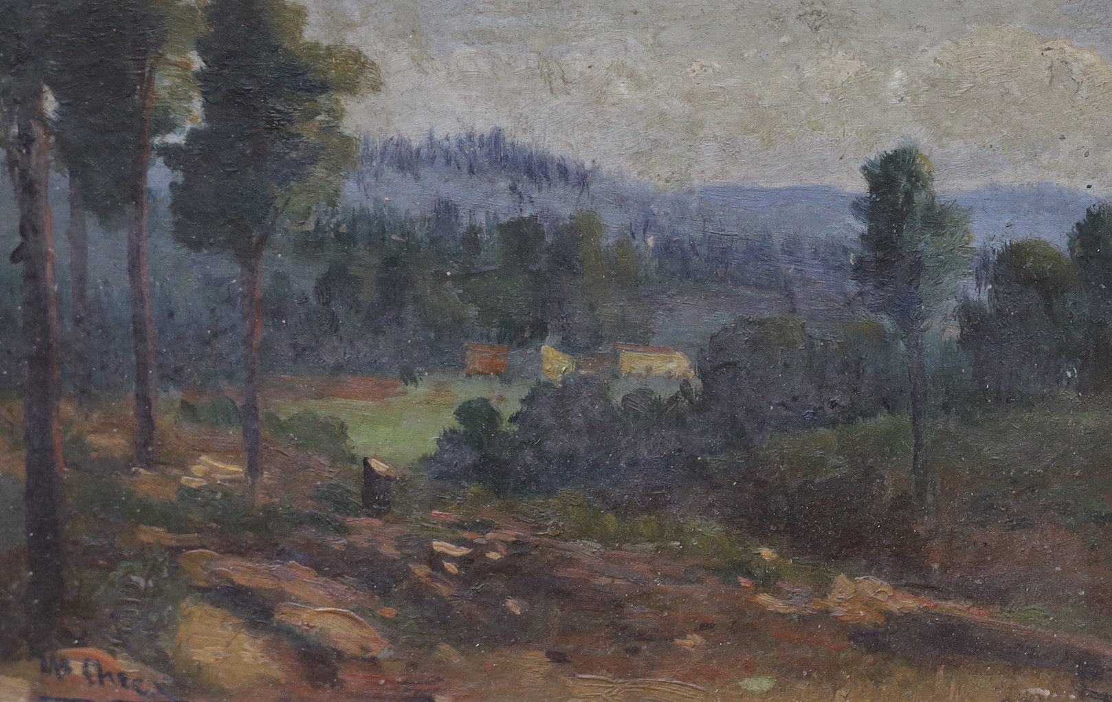 M.S. Checi, oil on wooden panel, Wooded landscape, signed, 15 x 23cm